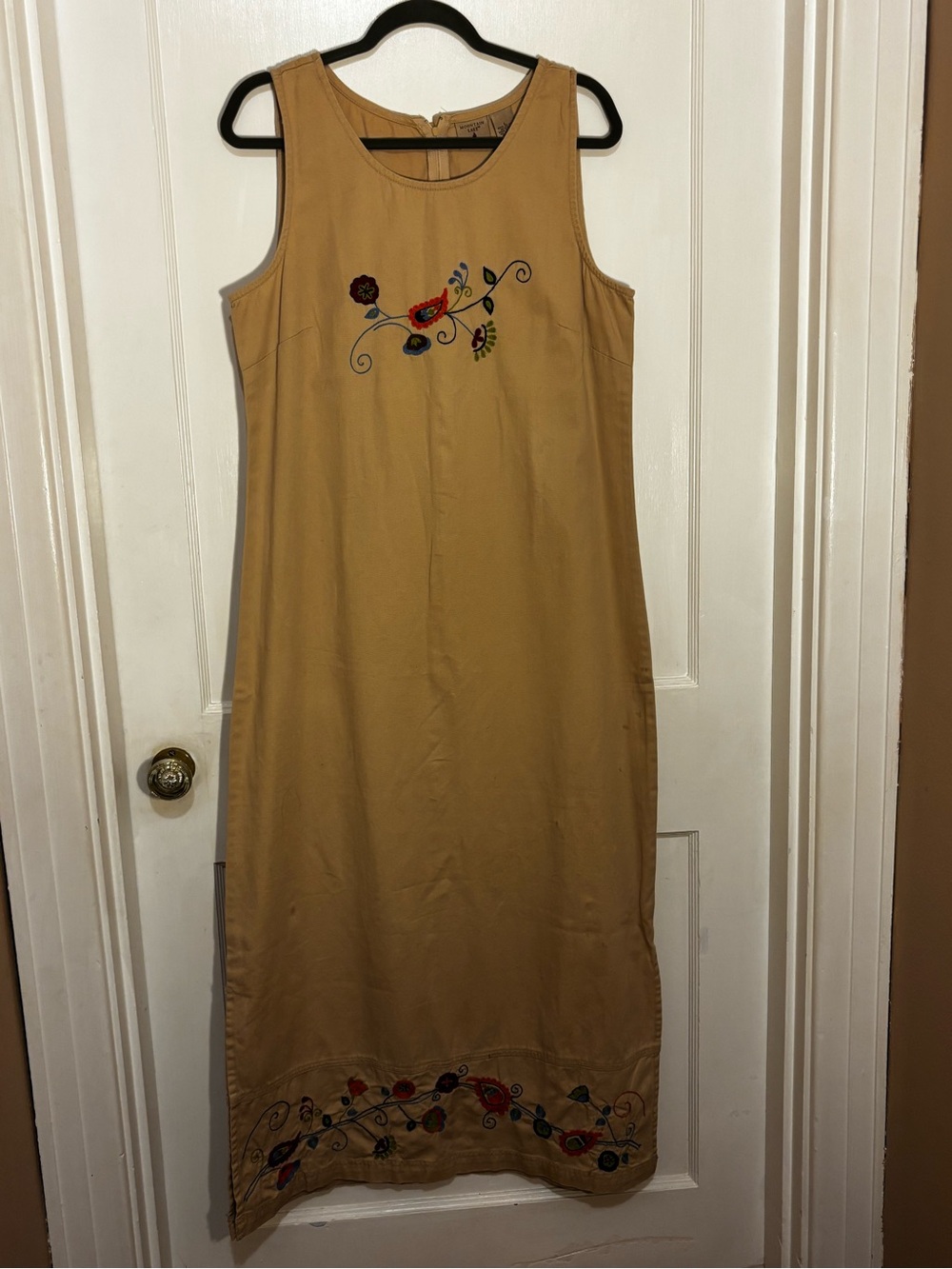 Mountain Lake Sleeveless Tan Maxi Dress with Embroidered Floral Accents